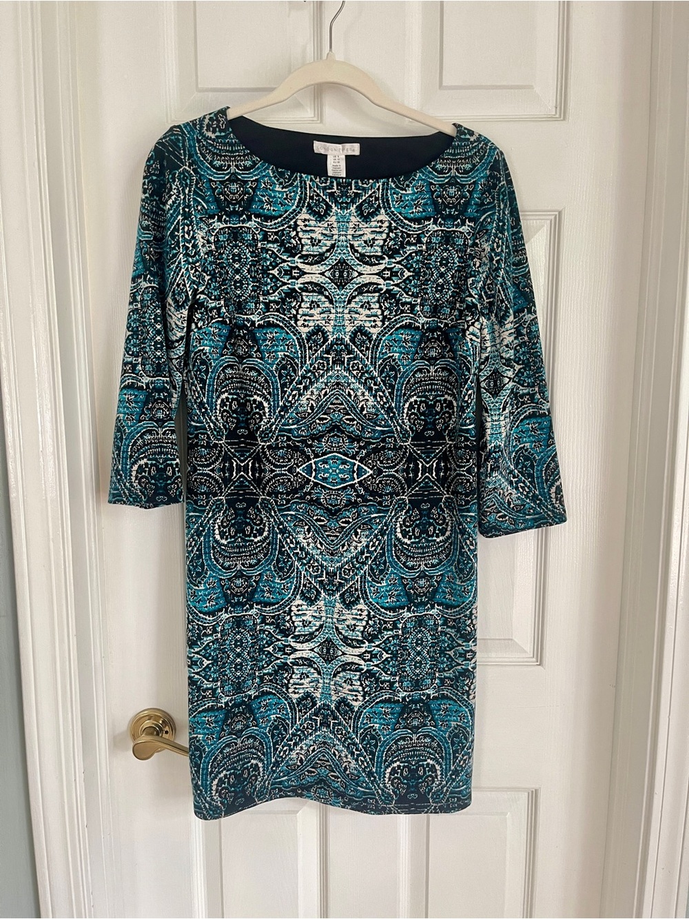 London Times Teal and Black Printed Long Sleeve Shift Dress